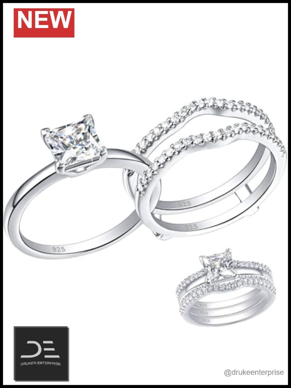 925 Sterling Silver Cz Princess Cut Engagement Ring Set Solitaire